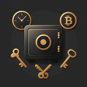 Fundo preto e desenhos cofre dourado, co chaves, bitcoin e relogio