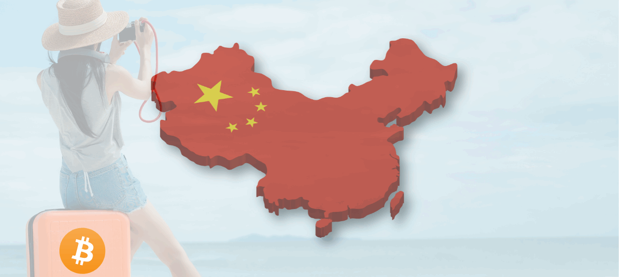 Ilustração de uma mulher observando um mapa da China com bandeira sobreposta, representando a tokenização de um veleiro de 42 pés vinculado a ativos reais na Ásia.