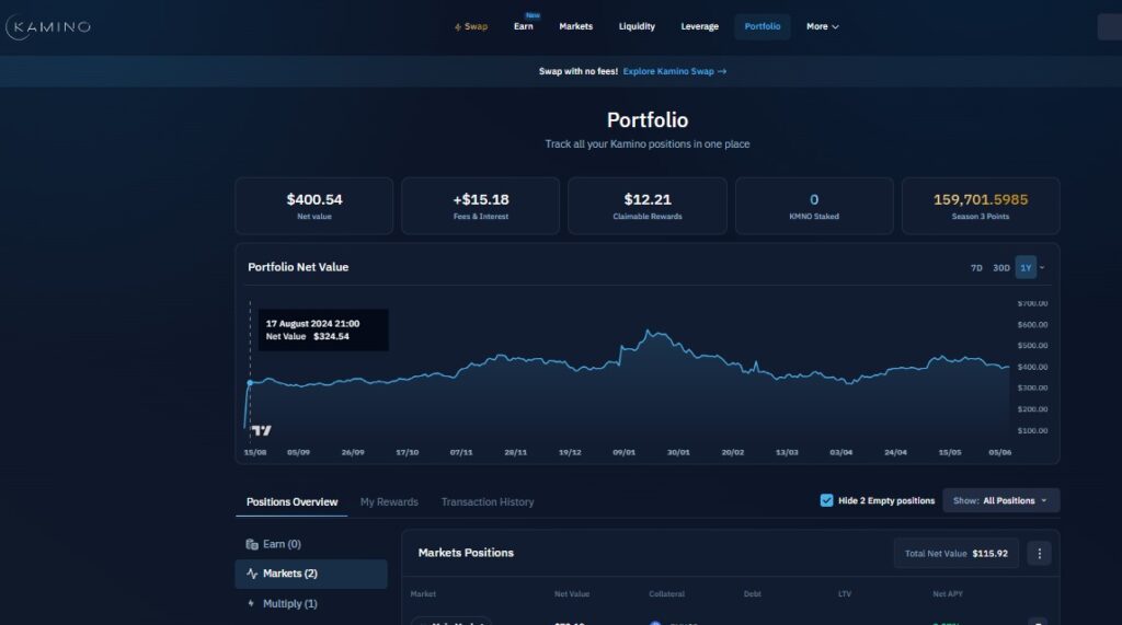 Tela de overview Kamino mostrando o par JLP/USDC, com gráfico de cotação diária, posição total de $1.015 e APR de 17,27% para yield em DeFi.