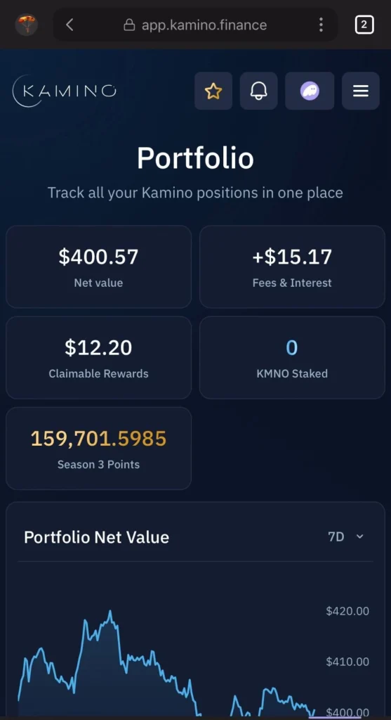 Captura de tela do portfólio Kamino 2.0, mostrando saldo de investimentos, rendimento em USDC, TVL e gráfico de performance.