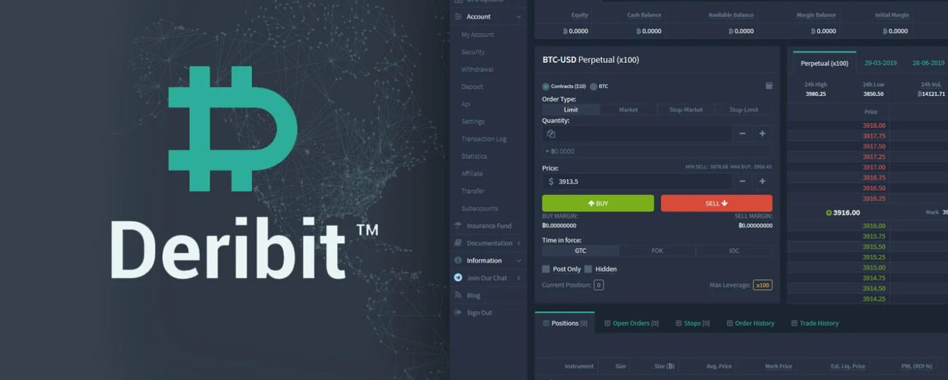 Interface da plataforma Deribit exibindo operações com opções de Bitcoin