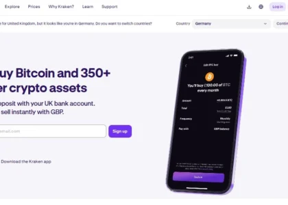 imagem portal site kraken, tons lilas, azulme creme, com a tela de inicio da corretora.