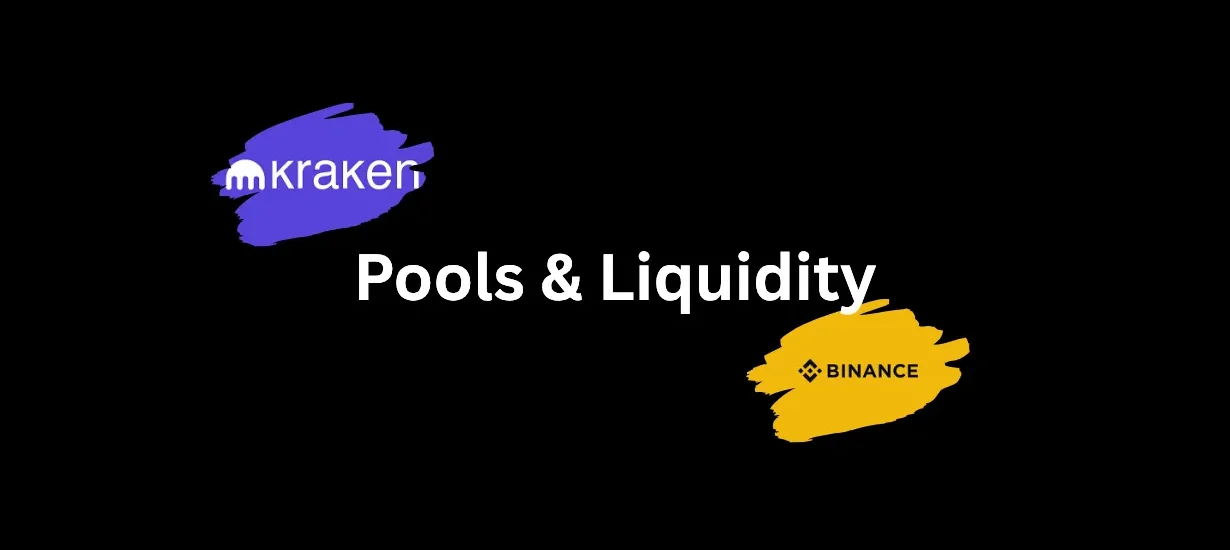 Comparativo de pools de liquidez da Binance e Kraken em fundo escuro com balões coloridos
