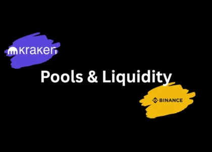 Comparativo de pools de liquidez da Binance e Kraken em fundo escuro com balões coloridos
