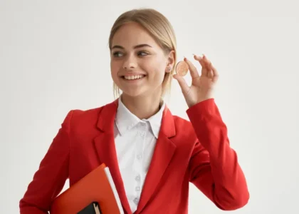 Executiva sorridente de vermelho sinalizando aprovação, simbolizando proteção de investimentos com opções puts