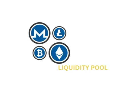 Logo de pool de liquidez com ícones de tokens, representando estratégias DeFi
