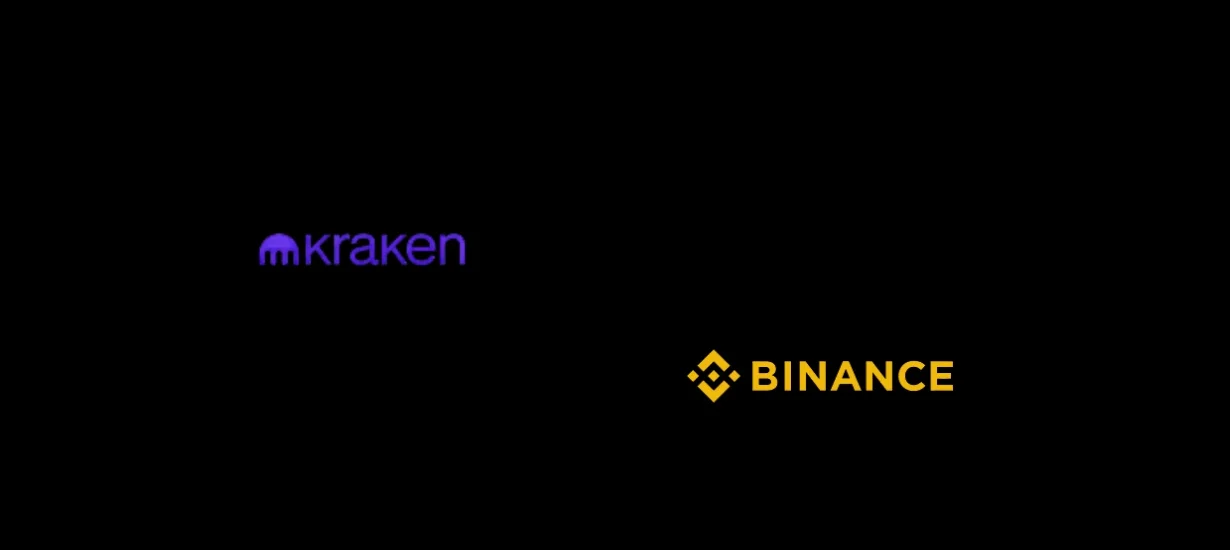 Logos das exchanges Kraken e Binance em fundo preto, representando comparação de pools e staking