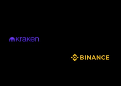 Logos das exchanges Kraken e Binance em fundo preto, representando comparação de pools e staking