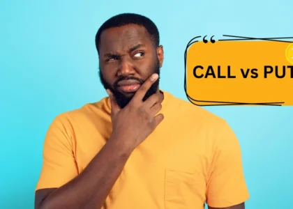 Homem em dúvida sobre opções Call e Put no DeFi, explicando diferenças básicas para iniciantes em BTC e ETH