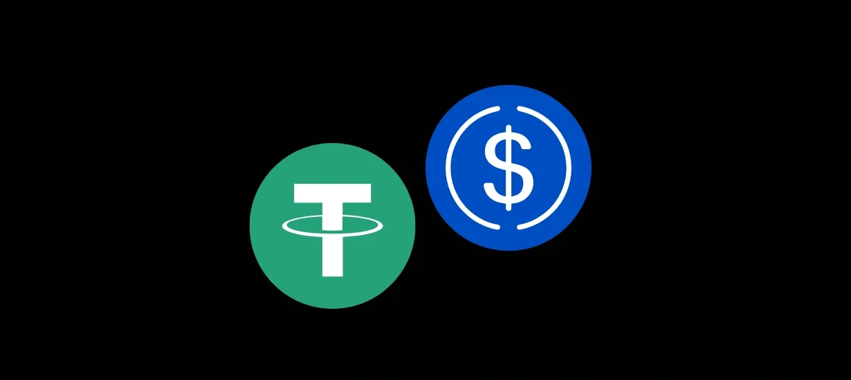Ícones do USDT (Tether) e USDC sobre fundo escuro, simbolizando o lado oculto e os perigos das stablecoins