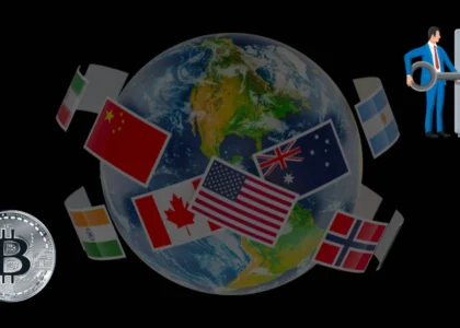 Representação global de países com bandeiras ao redor do mundo, cofre e símbolo do Bitcoin, ilustrando segurança e sucessão internacional via multisig
