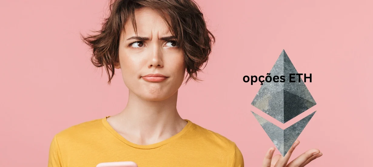 Mulher com expressão confusa segurando celular ao lado do logo do Ethereum