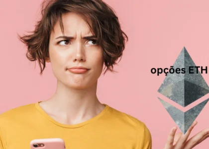 Mulher com expressão confusa segurando celular ao lado do logo do Ethereum