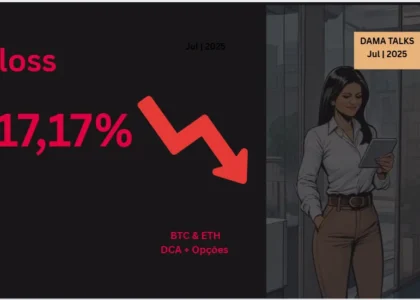 Imagem estilo comic de mulher em escritório usando tablet, com fundo escuro e destaque para a palavra "loss" e a porcentagem "-17,17%" em vermelho. A imagem representa o resultado negativo das operações com opções de BTC e ETH durante julho de 2025. Gráfico de seta descendente transmite visualmente o prejuízo.