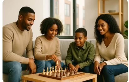 Família negra sorridente jogando xadrez na sala de estar moderna, representando planejamento estratégico e sucessão familiar.