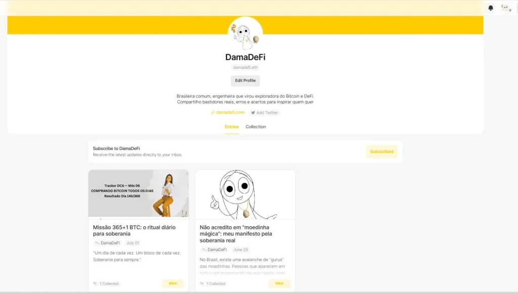 Perfil DamaDeFi no Mirror mostrando artigos on-chain, manifesto pela soberania e jornada real no DeFi
