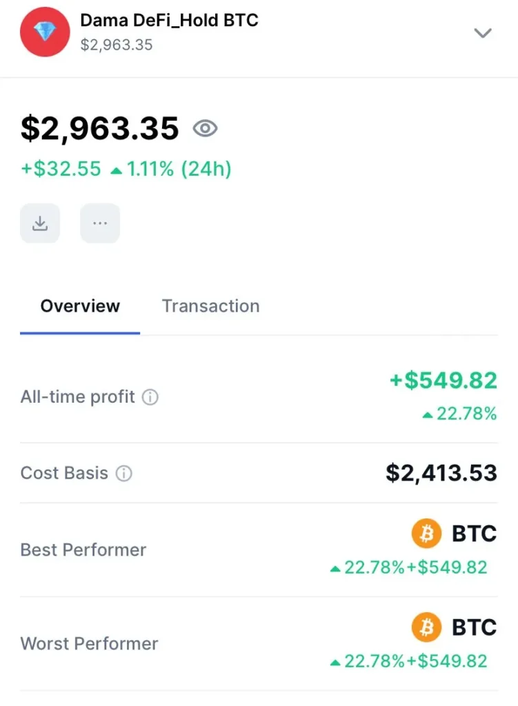 Resumo do portfólio após 200 dias de DCA em Bitcoin, com valor total investido, saldo atual, lucro e rentabilidade acumulada.