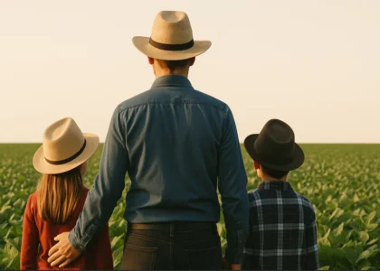 Pai agricultor com chapéu e dois filhos observando uma plantação de soja ao entardecer, simbolizando sucessão patrimonial no campo com visão de futuro.