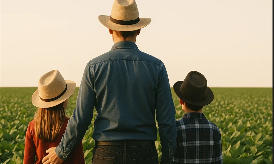 Pai agricultor com chapéu e dois filhos observando uma plantação de soja ao entardecer, simbolizando sucessão patrimonial no campo com visão de futuro.