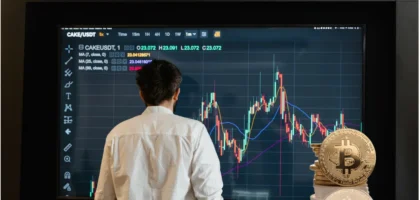 Investidor observa gráfico de criptomoedas com Bitcoin em destaque como símbolo de análise e estratégia