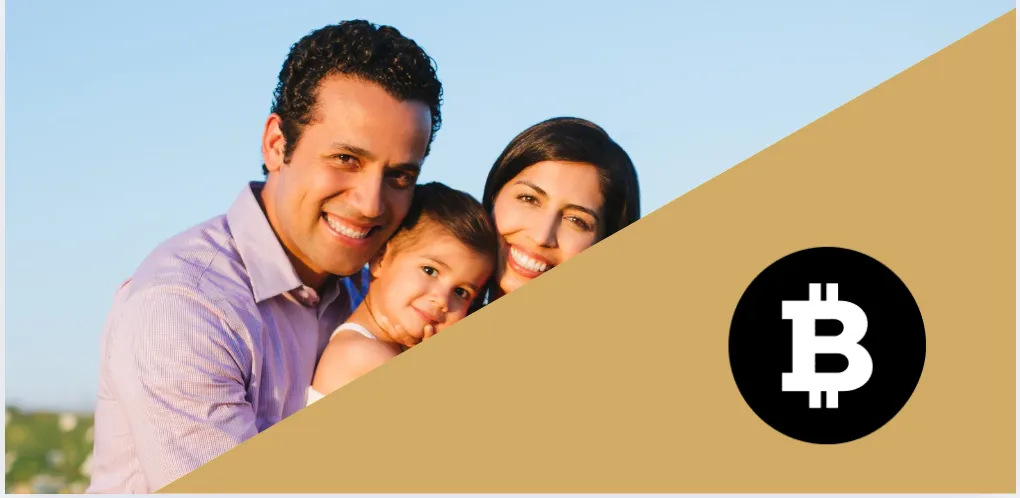 Casal com filho pequeno sorrindo ao ar livre ao lado de símbolo do Bitcoin, simbolizando patrimônio digital e legado multigeracional