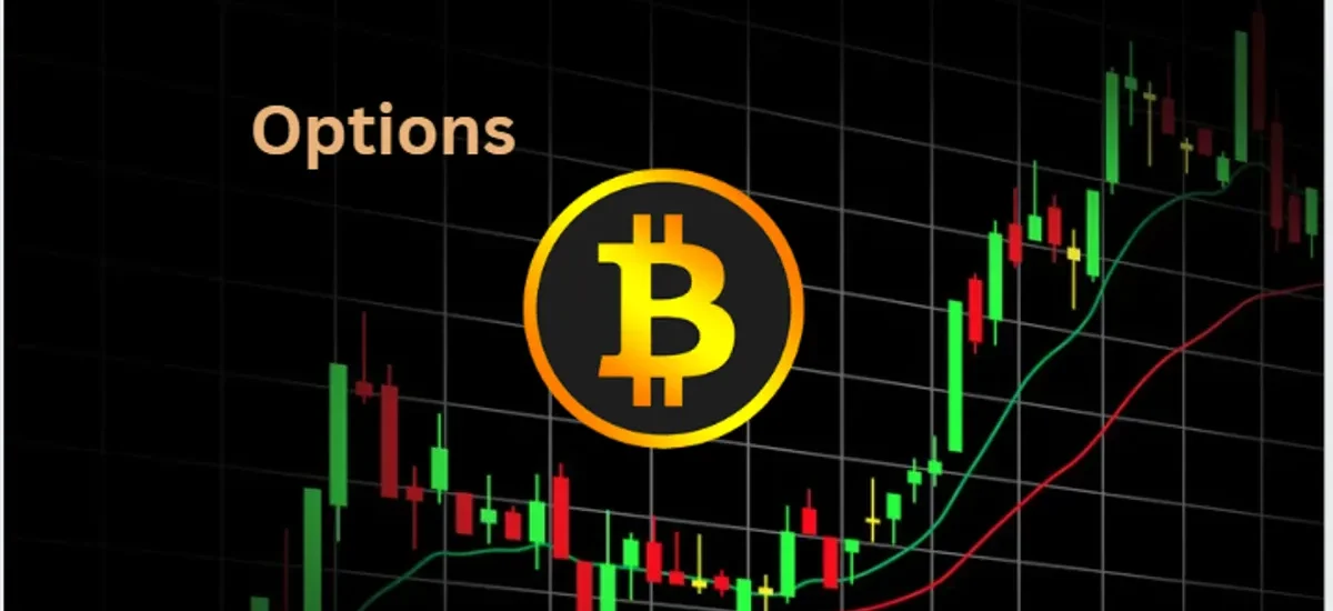 Gráfico de velas com logotipo do Bitcoin e texto “Options”, representando estratégias com opções em cripto