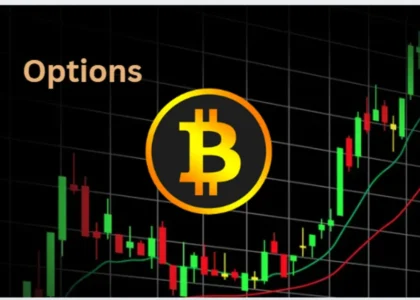Gráfico de velas com logotipo do Bitcoin e texto “Options”, representando estratégias com opções em cripto