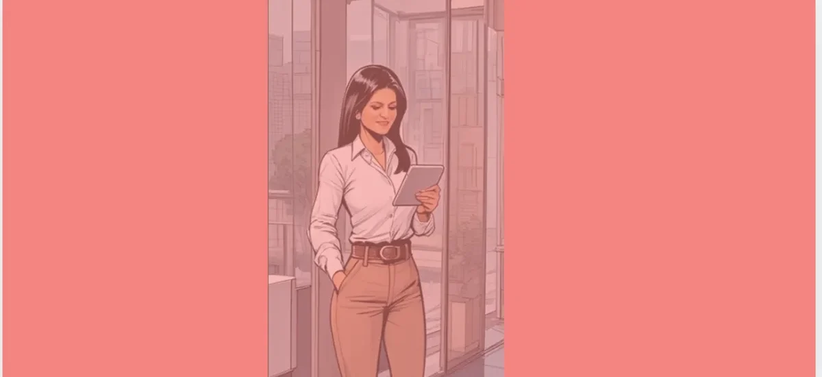 Dama DeFi em ambiente profissional, com tablet em mãos, simbolizando foco, inteligência financeira e a prática de investir antes de gastar