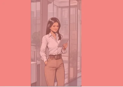 Dama DeFi em ambiente profissional, com tablet em mãos, simbolizando foco, inteligência financeira e a prática de investir antes de gastar