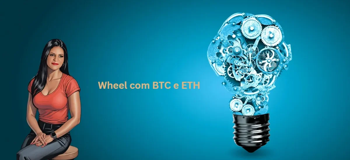 Capa ilustrada com mulher sentada e lâmpada feita de engrenagens, representando a estratégia Wheel com BTC e ETH