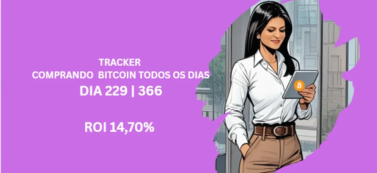 Mulher elegante acompanhando tracker de Bitcoin no celular, destaque para dia 229 de DCA com ROI real de 14,70%