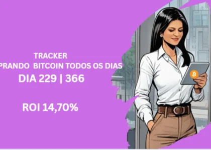 Mulher elegante acompanhando tracker de Bitcoin no celular, destaque para dia 229 de DCA com ROI real de 14,70%
