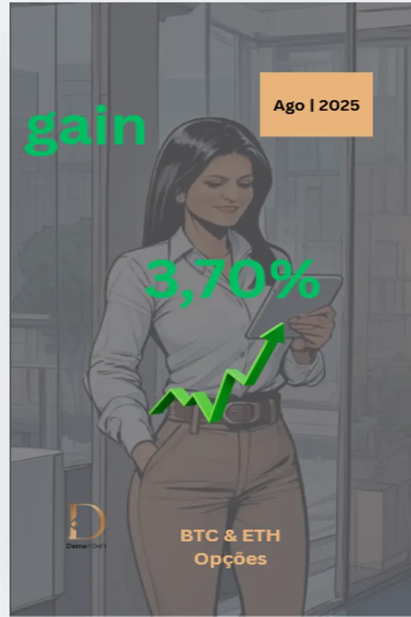 Mockup lateral Dama Talk Agosto 2025 mostrando ROI real de +3,70% em opções com BTC & ETH