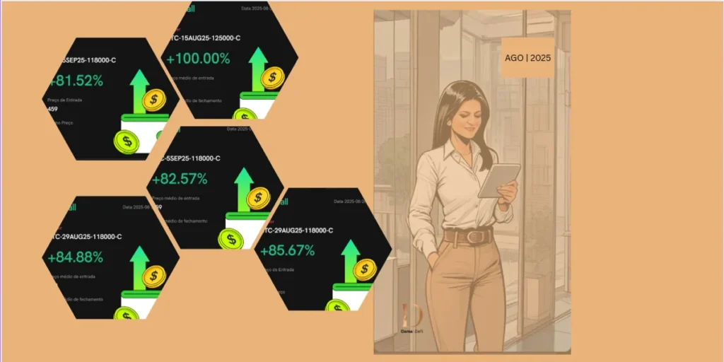 Imagem com resultados de operações em Agosto 2025 mostrando ROI positivo nas opções de BTC e ETH