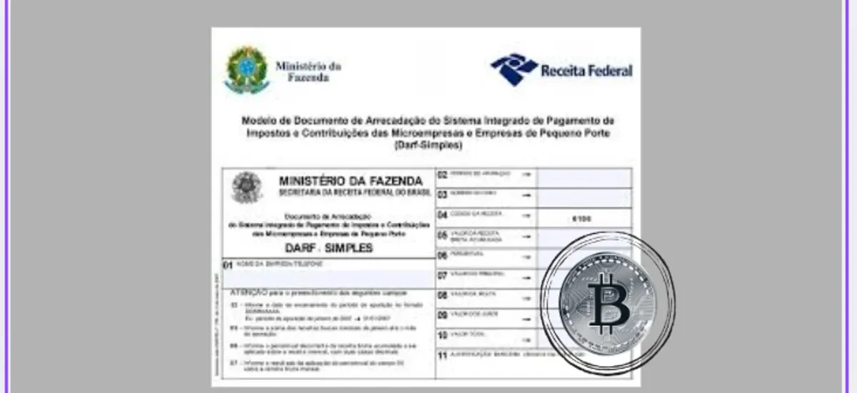 Documento DARF da Receita Federal com símbolo do Bitcoin, representando a tributação de criptoativos no Brasil