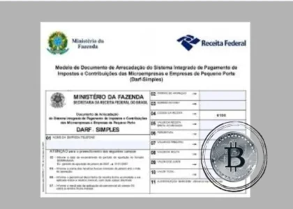 Documento DARF da Receita Federal com símbolo do Bitcoin, representando a tributação de criptoativos no Brasil