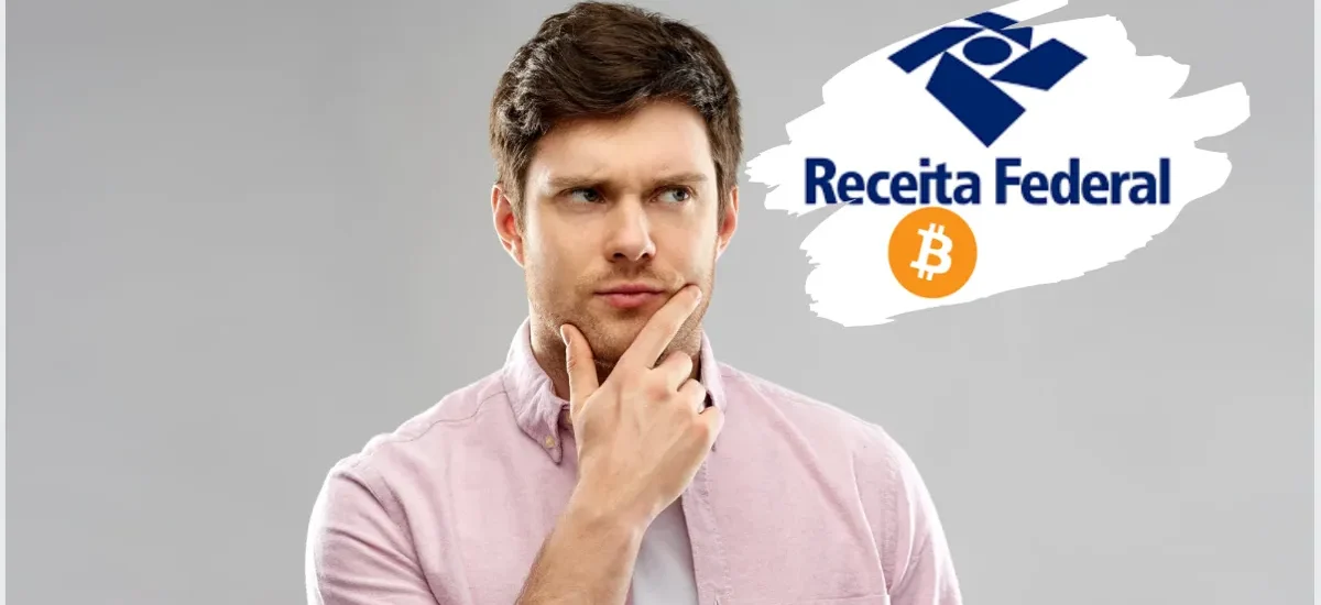 Homem pensativo com logotipo da Receita Federal e símbolo do Bitcoin representando a declaração de opções cripto no imposto de renda"
