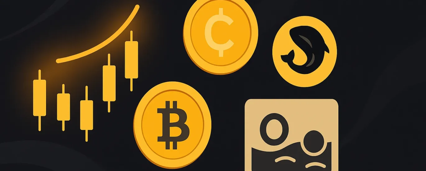 Ilustração digital com símbolos de Bitcoin, gráfico de candles e pools representando estratégias de renda passiva no DeFi