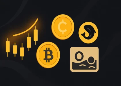 Ilustração digital com símbolos de Bitcoin, gráfico de candles e pools representando estratégias de renda passiva no DeFi