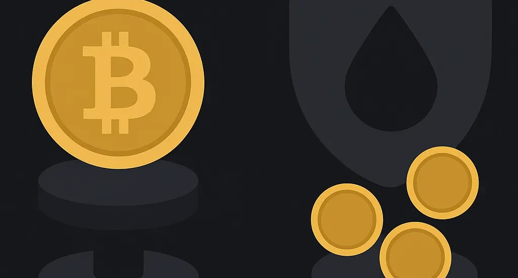 Ilustração minimalista representando Bitcoin em staking e pools de liquidez para aposentadoria cripto