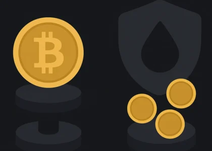 Ilustração minimalista representando Bitcoin em staking e pools de liquidez para aposentadoria cripto