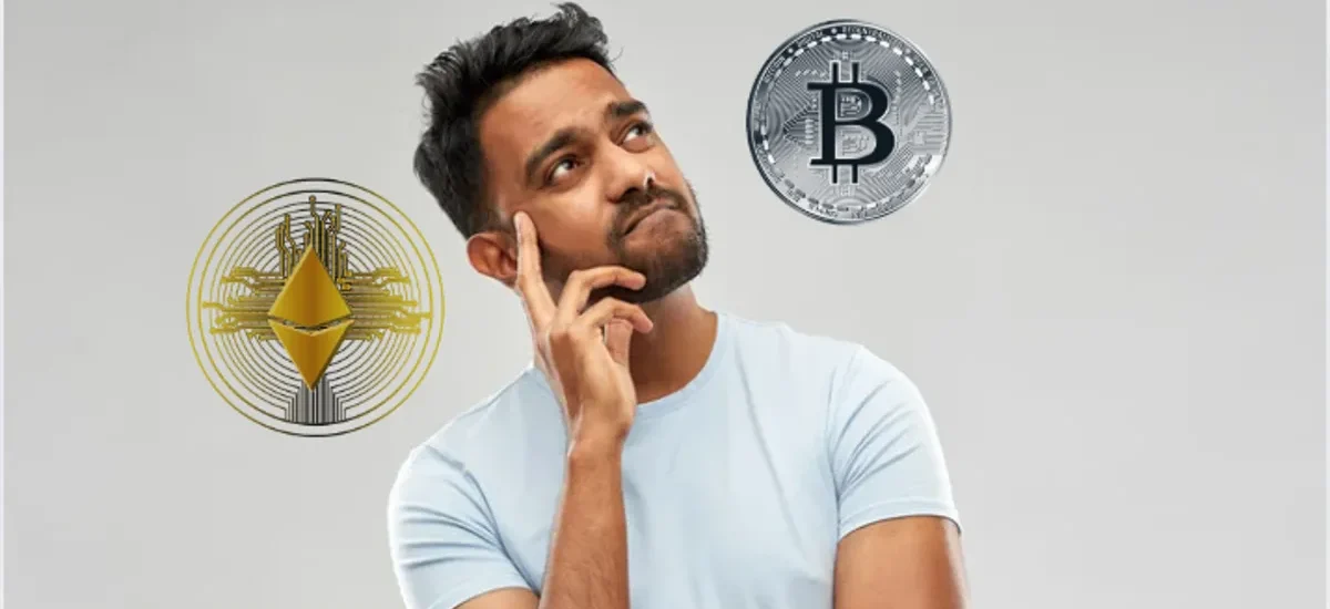 Homem pensativo com símbolos de Bitcoin e Ethereum representando a escolha entre pool de liquidez e staking