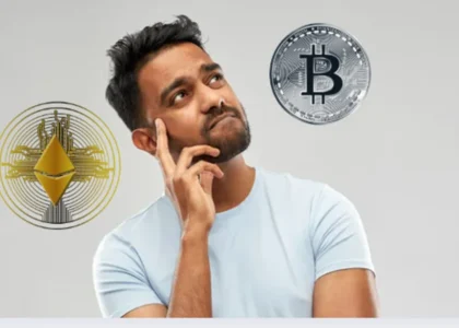 Homem pensativo com símbolos de Bitcoin e Ethereum representando a escolha entre pool de liquidez e staking