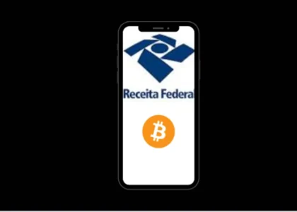 Receita Federal no celular com símbolo do Bitcoin, guia para declarar cripto no IR 2025