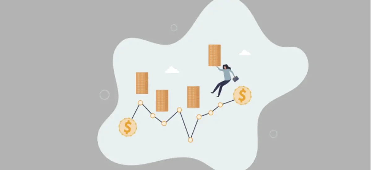Ilustração de gráfico financeiro com moedas e investidor subindo degraus representando renda passiva em DeFi