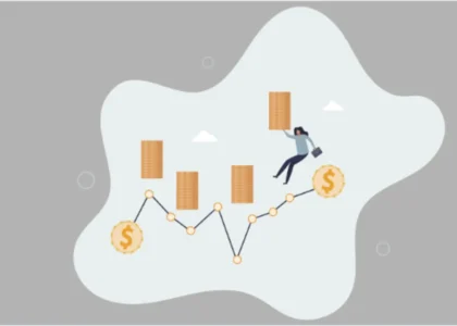 Ilustração de gráfico financeiro com moedas e investidor subindo degraus representando renda passiva em DeFi