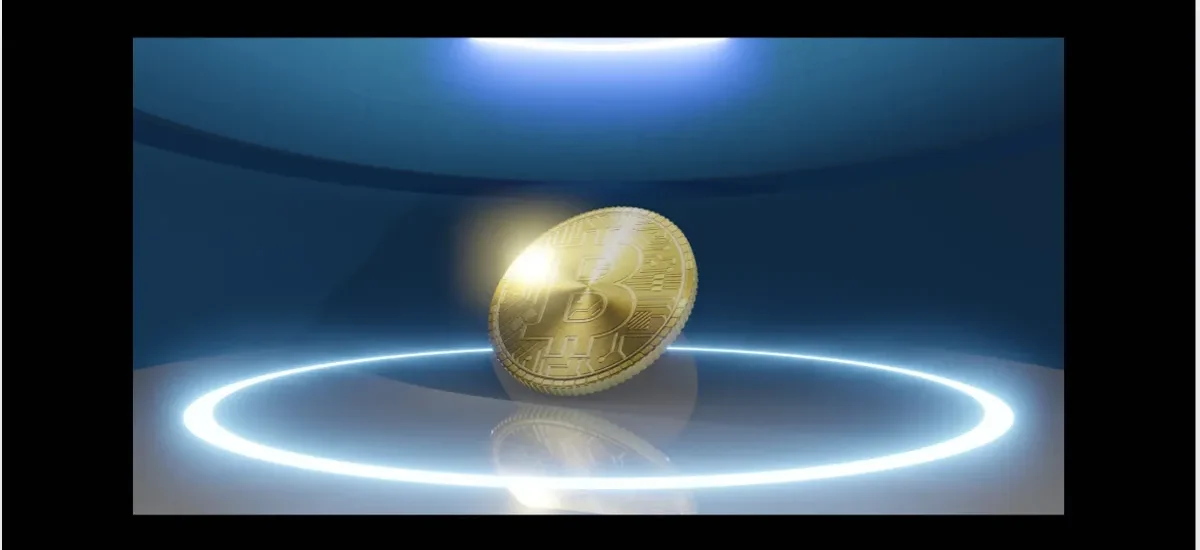 Moeda dourada de Bitcoin em destaque iluminada em um ambiente futurista azul, simbolizando tokenização de ativos reais