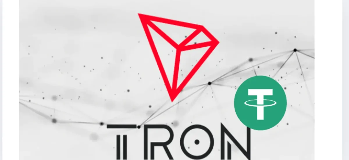Logotipo Tron em destaque com símbolo do USDT, representando transações cripto rápidas e de baixo custo