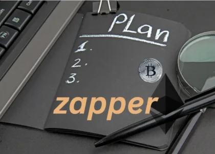 Painel de planejamento com logotipo do Zapper e símbolos de Bitcoin e Ethereum em fundo escuro