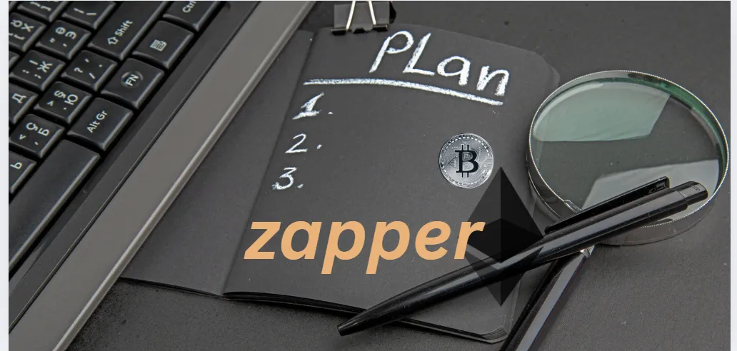 Painel de planejamento com logotipo do Zapper e símbolos de Bitcoin e Ethereum em fundo escuro
